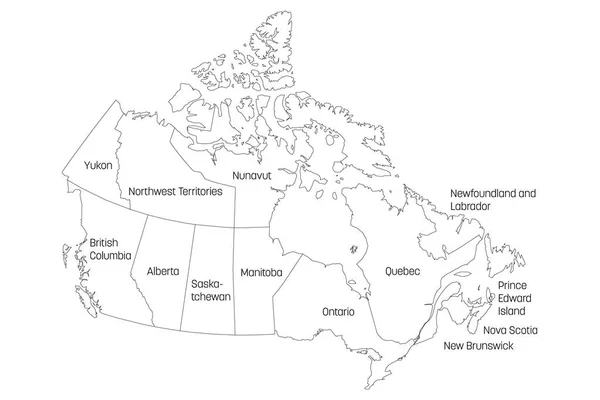 Karta över Kanada indelat i 10 provinser och 3 territorier. Administrativa regioner i Kanada. Vit karta med svart kontur och svart region namnetiketter. Vektorillustration — Stock vektor