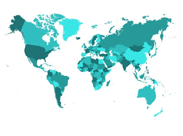 Kaart van de wereld in vier tinten van turquoise blu op witte achtergrond. Hoge politieke detailkaart met landnamen. Vectorillustratie — Stockvector