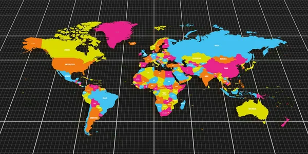 Kleurrijke geopolitieke kaart van de wereld. Onderaanzicht perspectief op donkere achtergrond en raster. Vectorillustratie — Stockvector