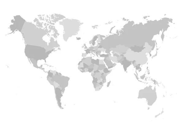Mapa del mundo en cuatro tonos de gris sobre fondo blanco. Mapa político de alto detalle con nombres de países. Ilustración vectorial — Vector de stock