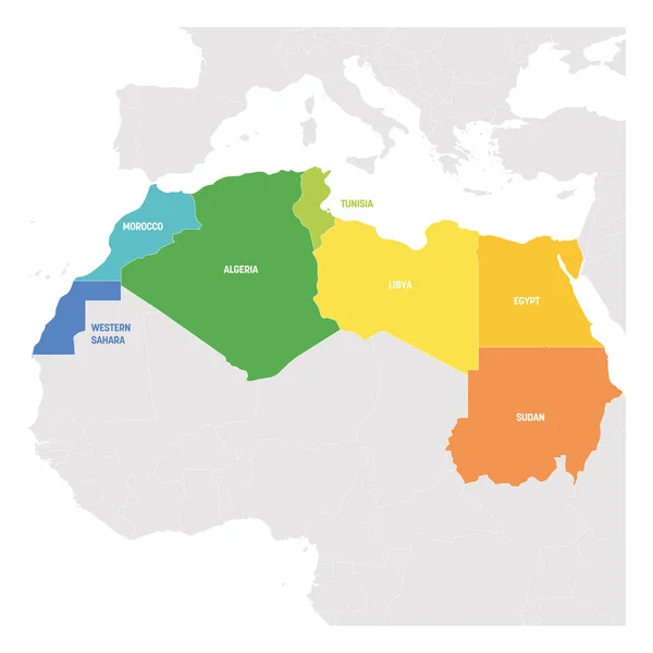 北非地区。五颜六色的北非国家地图。向量例证 — 图库矢量图片