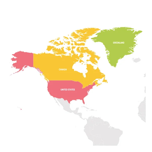 Regione del Nord America. Mappa colorata dei paesi del Nord America. Illustrazione vettoriale — Vettoriale Stock