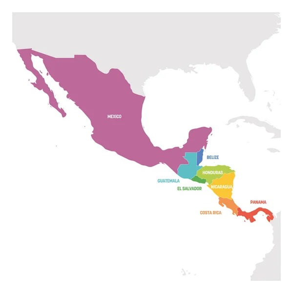 Περιφέρεια Κεντρικής Αμερικής. Πολύχρωμο χάρτη των χωρών στο κεντρικό τμήμα της Αμερικής. Εικονογράφηση διάνυσμα — Διανυσματικό Αρχείο