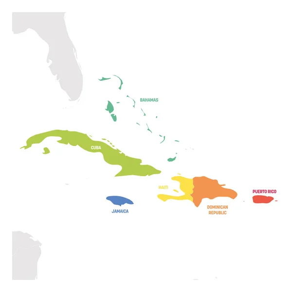 Región del Caribe. Mapa colorido de los países del Mar Caribe en Centroamérica. Ilustración vectorial — Vector de stock