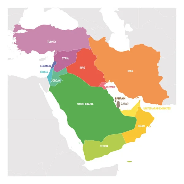 Región de Asia Occidental. Mapa colorido de países en Asia occidental o Medio Oriente. Ilustración vectorial — Vector de stock