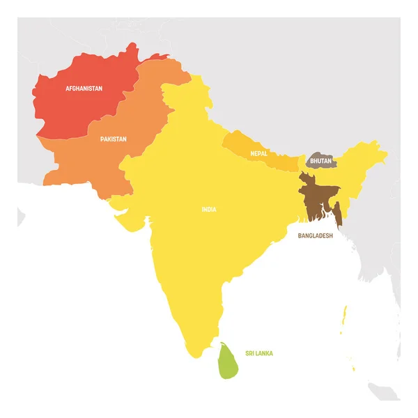 Zuid-Aziatische regio. Kleurrijke kaart van landen in Zuid-Azië. Vectorillustratie — Stockvector