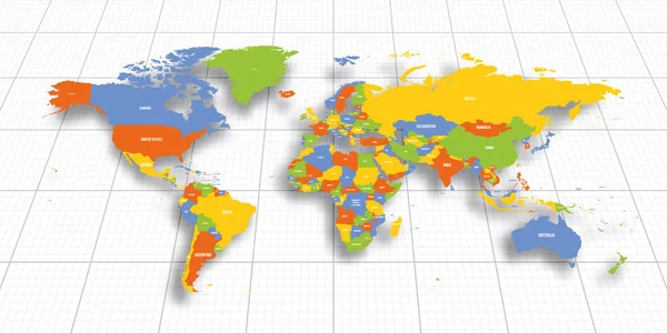 Colorido mapa geopolítico del Mundo. Vista de perspectiva inferior con cuadrícula de fondo. Ilustración vectorial — Archivo Imágenes Vectoriales