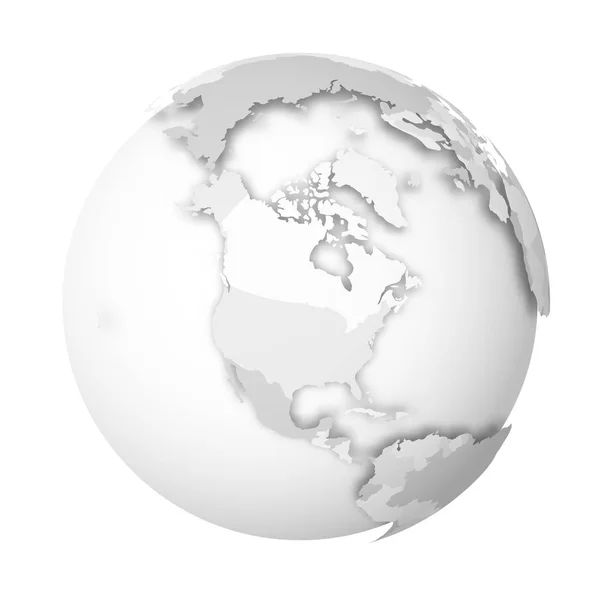 Globo terrestre. Mapa do mundo 3D com mapa político cinzento de países que lançam sombras em mares brancos e oceanos. Ilustração vetorial — Vetor de Stock