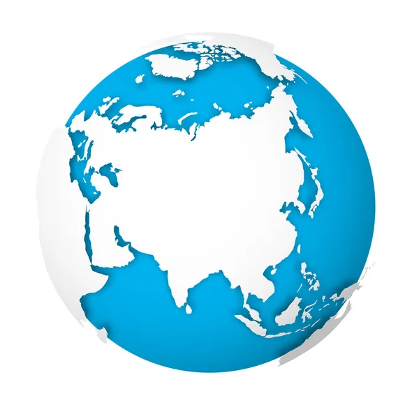 Земной шар. 3D карта мира с белыми землями, падающими тенями на синие моря и океаны. Векторная иллюстрация — стоковый вектор