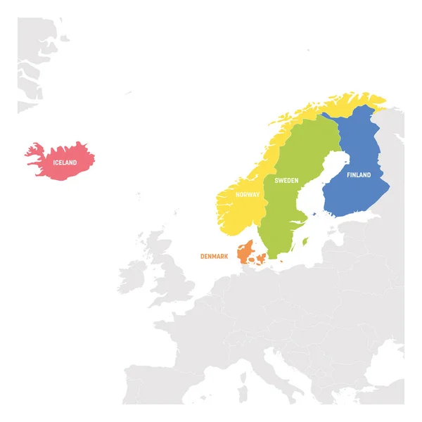 Regio Noord-Europa. Kleurrijke kaart van landen van Scandinavië. Vectorillustratie — Stockvector