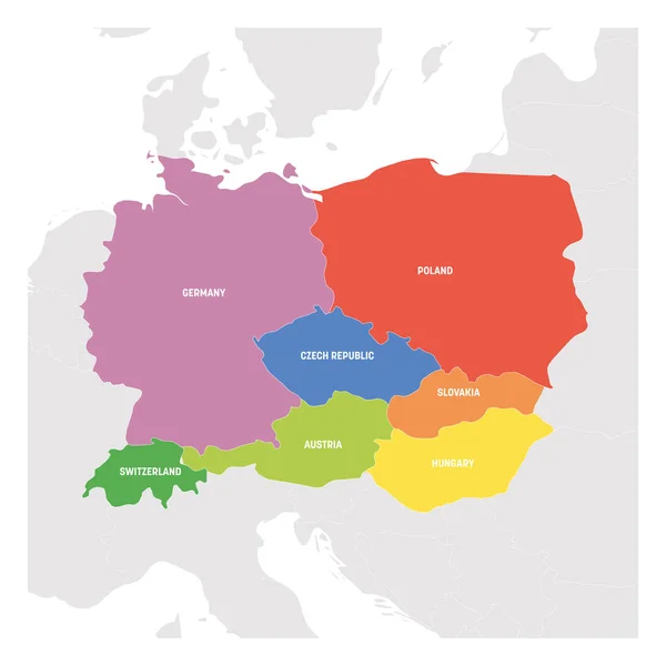 Regione dell'Europa centrale. Mappa colorata dei paesi della parte centrale dell'Europa. Illustrazione vettoriale — Vettoriale Stock