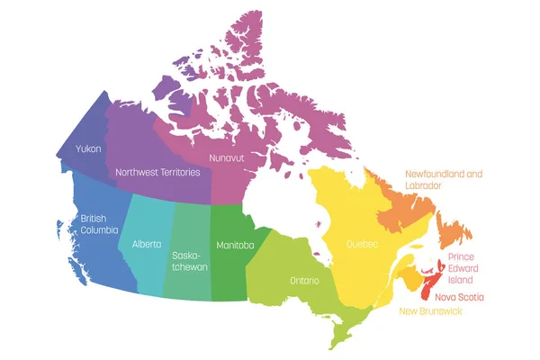 Mapa de Canadá dividido en 10 provincias y 3 territorios. Regiones administrativas de Canadá. Mapa multicolor con etiquetas. Ilustración vectorial — Archivo Imágenes Vectoriales