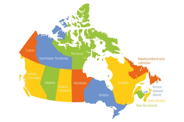 Mappa del Canada divisa in 10 province e 3 territori. Regioni amministrative del Canada. Mappa multicolore con etichette. Illustrazione vettoriale — Vettoriale Stock