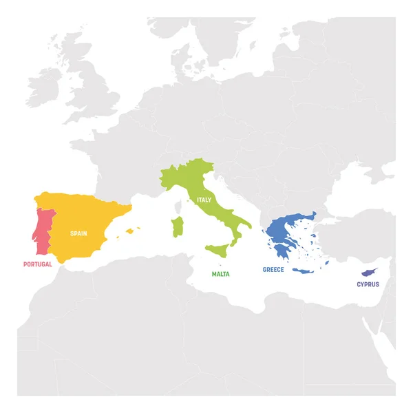 Región del Sur de Europa. Mapa colorido de los países del sur de Europa alrededor del mar Mediterráneo. Ilustración vectorial — Vector de stock