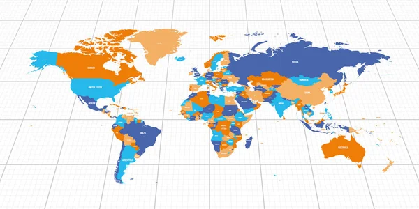Πολύχρωμο γεωπολιτικό χάρτη του κόσμου. Προβολή προοπτικής κάτω με φόντο πλέγμα. Εικονογράφηση διάνυσμα — Διανυσματικό Αρχείο