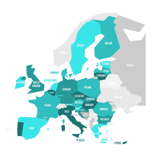 Politická mapa Evropy s tyrkysově modré zvýrazněné 28 členských států Evropské unie, Eu. Jednoduchý plochý vektorové ilustrace — Stockový vektor