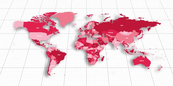 Rosa geopolitische Weltkarte. Ansicht von unten mit Hintergrundraster. Vektorillustration — Stockvektor