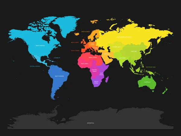 Carte colorée du monde divisé en régions sur fond gris foncé. Illustration vectorielle plate simple — Image vectorielle