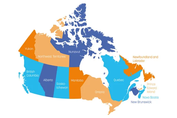 Mapa de Canadá dividido en 10 provincias y 3 territorios. Regiones administrativas de Canadá. Mapa multicolor con etiquetas. Ilustración vectorial — Archivo Imágenes Vectoriales