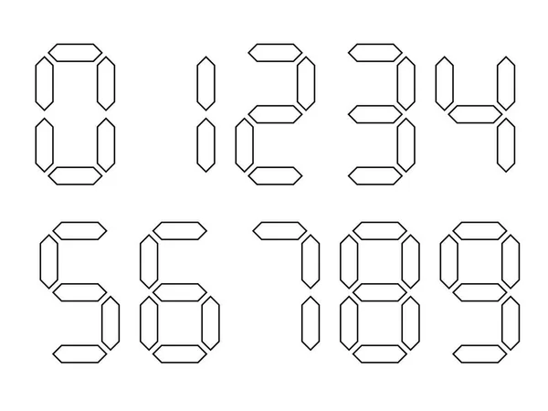 Números digitais brancos com contorno preto. O display de sete segmentos é usado em calculadoras, relógios digitais ou medidores eletrônicos. Ilustração vetorial — Vetor de Stock