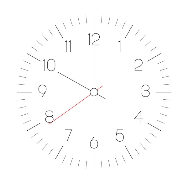 Cara de relógio. Marcação de hora com números e hora, minuto e segunda mão. Traços marcam minutos e horas. Design de contorno fino. Ilustração simples do vetor plano — Vetor de Stock