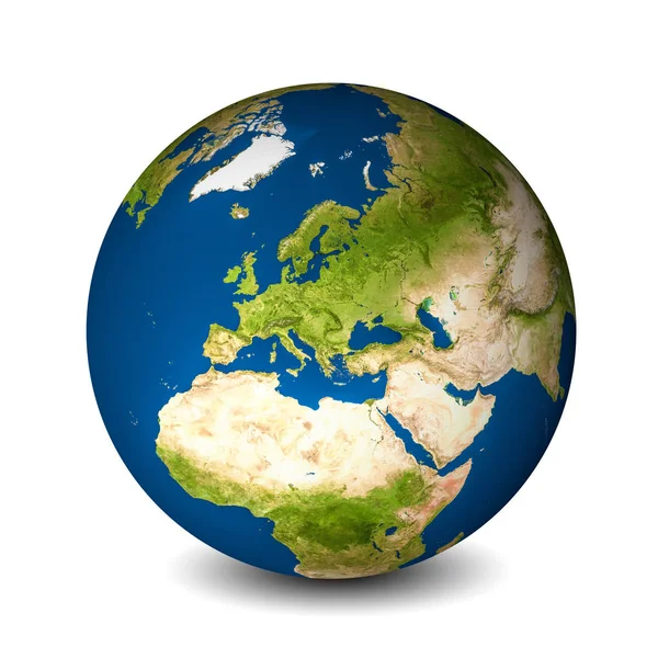 Земной шар изолирован на белом фоне. Спутниковый обзор сосредоточен на Европе. Элементы этого изображения предоставлены НАСА — стоковое фото