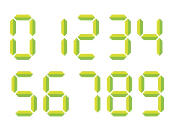 Numeri digitali verdi simili a quelli 3D. Il display a sette segmenti viene utilizzato nelle calcolatrici, negli orologi digitali o nei contatori elettronici. Illustrazione vettoriale — Vettoriale Stock