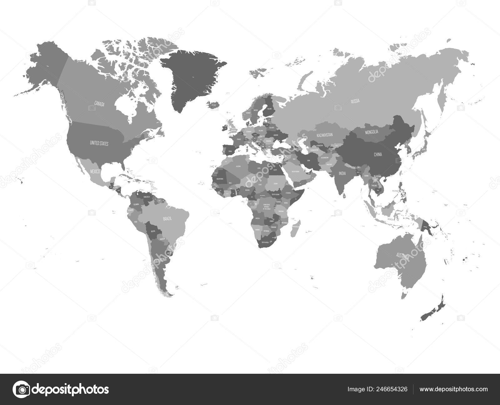 World Map In Four Shades Of Grey On White Background High Detail