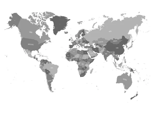 Mapa del mundo en cuatro tonos de gris sobre fondo blanco. Mapa político de alto detalle con nombres de países. Ilustración vectorial — Vector de stock