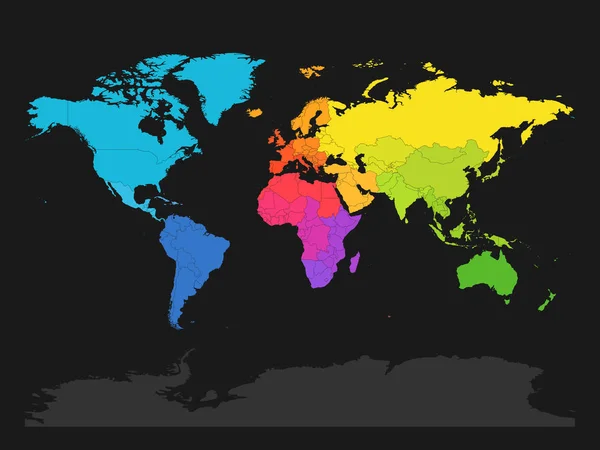 Carte colorée du monde divisé en régions sur fond gris foncé. Illustration vectorielle plate simple — Image vectorielle