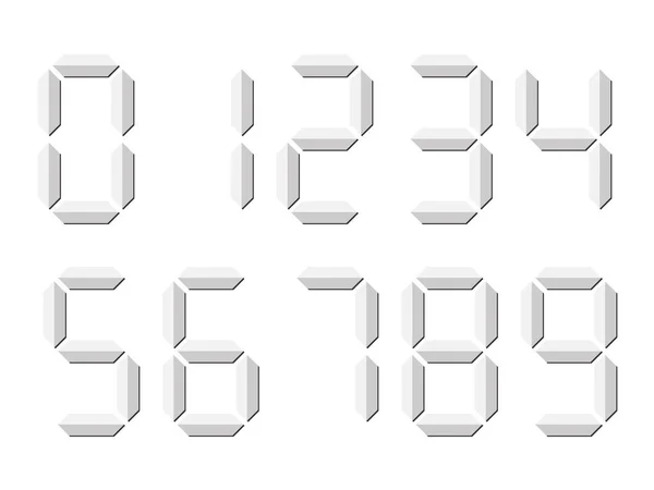 Números digitais tipo 3D cinzentos. O display de sete segmentos é usado em calculadoras, relógios digitais ou medidores eletrônicos. Ilustração vetorial — Vetor de Stock