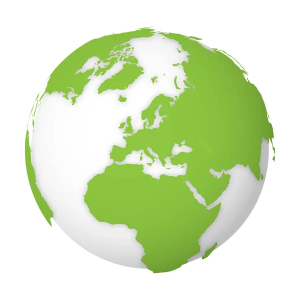 Globo terrestre natural. Mapa del mundo 3D con tierras verdes que caen sombras sobre el globo blanco. Ilustración vectorial — Vector de stock