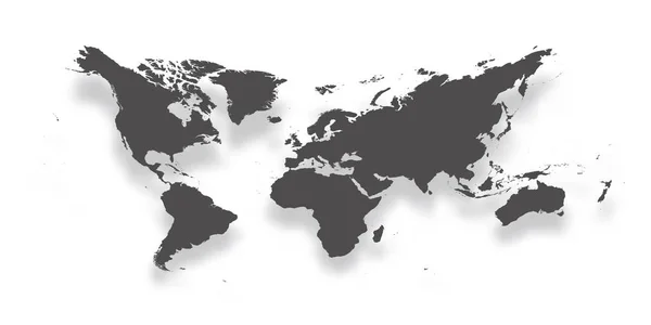 Mappa del mondo. Semplice silhouette grigio scuro sfumata con ombra caduta isolata su sfondo bianco. Illustrazione vettoriale — Vettoriale Stock