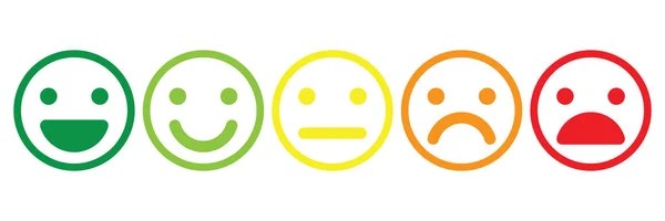 Zestaw podstawowych emotikony. Pięciu wyraz twarzy skali opinię - od pozytywnych do negatywnych. Ikony proste kolorowe wektor — Wektor stockowy