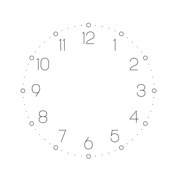 Faccia da orologio. Quadrante orario con numeri. I punti segnano minuti e ore. Semplice illustrazione vettoriale piatta — Vettoriale Stock