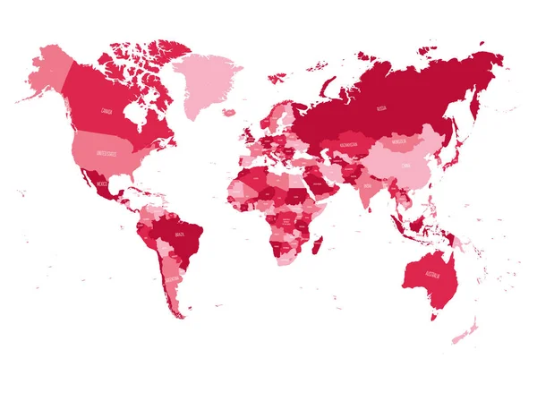 Карта світу в чотирьох відтінках рожевого на білому тлі. Висока деталізація політичної карти з назвами країн. Векторні ілюстрації — стоковий вектор