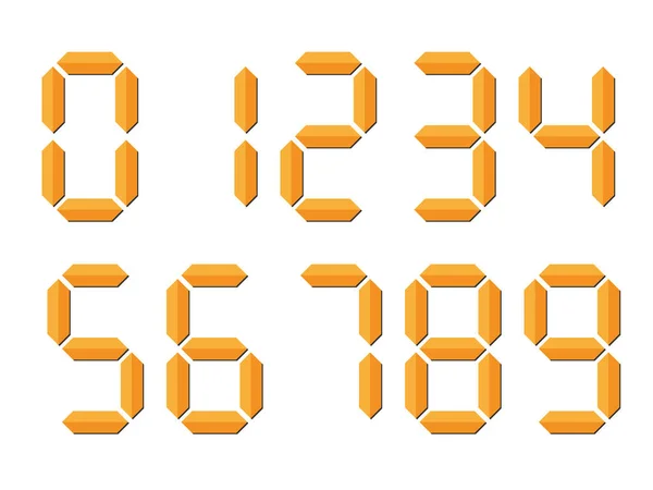 Numéros numériques orange 3D. L'affichage à sept segments est utilisé dans les calculatrices, les horloges numériques ou les compteurs électroniques. Illustration vectorielle — Image vectorielle