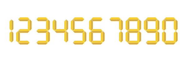 Numéros numériques jaunes de type 3D. L'affichage à sept segments est utilisé dans les calculatrices, les horloges numériques ou les compteurs électroniques. Illustration vectorielle — Image vectorielle