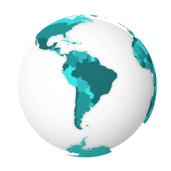 Lege politieke kaart van Zuid-Amerika. 3D Earth globe met turquoise blauwe kaart. Vectorillustratie — Stockvector