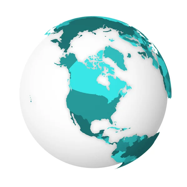 Lege politieke kaart van Noord-Amerika. 3D Earth globe met turquoise blauwe kaart. Vectorillustratie — Stockvector