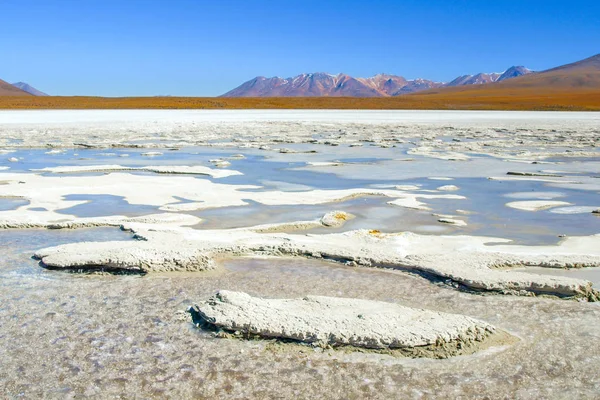 배경에 산 피크 altiplano의 냉동된 석호. 볼리비아, 남아메리카 — 스톡 사진