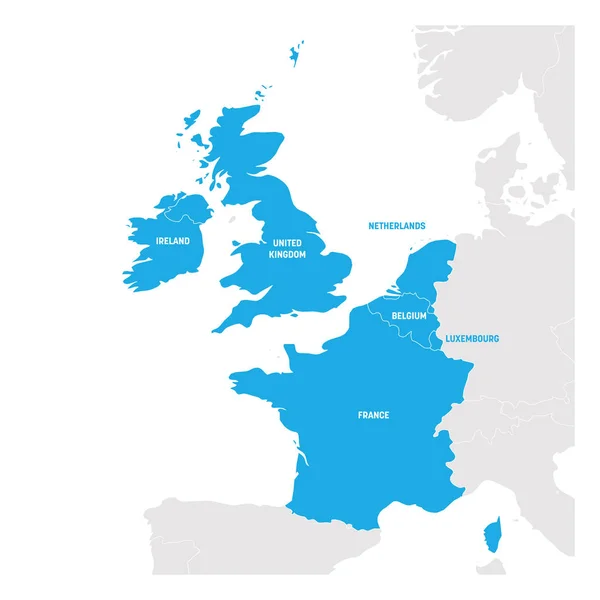 Región de Europa Occidental. Mapa de países de Europa Occidental. Ilustración vectorial — Vector de stock