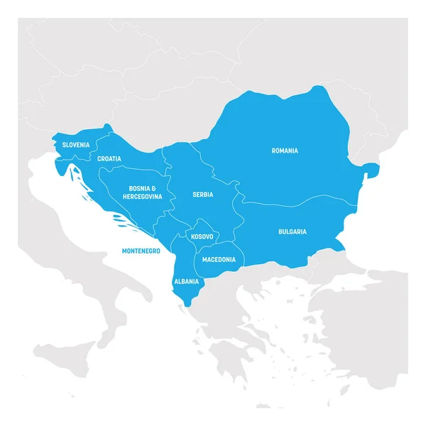 Region sydöstra Europa. Karta över länderna på Balkanhalvön. Vektorillustration — Stock vektor