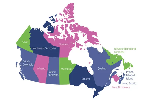Karta över Kanada indelat i 10 provinser och 3 territorier. Administrativa regioner i Kanada. Mångfärgade karta med etiketter. Vektorillustration — Stock vektor