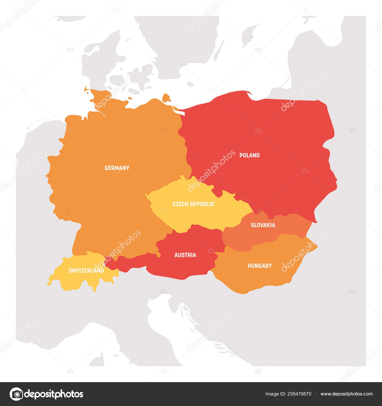 Región de Europa central. Mapa de países de Europa central. Ilustración
