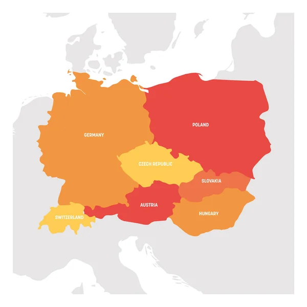 Región de Europa Central. Mapa de países en la parte central de Europa. Ilustración vectorial — Vector de stock