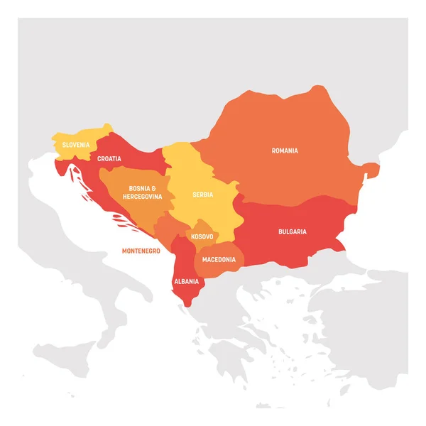 Región del Sudeste de Europa. Mapa de países de la Península Balcánica. Ilustración vectorial — Vector de stock