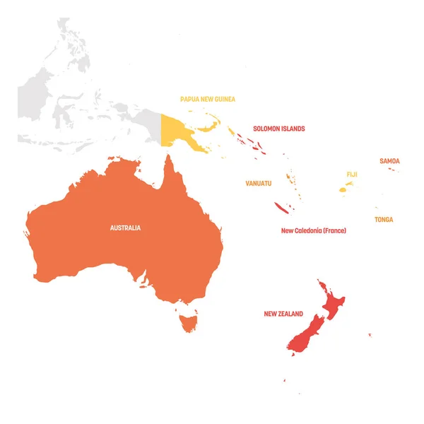 Región de Australia y Oceanía. Mapa de países en el Pacífico Sur. Ilustración vectorial — Archivo Imágenes Vectoriales