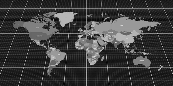 Geopolitická mapa světa. Perspektivní pohled zdola s pozadí mřížky. Vektorové ilustrace — Stockový vektor