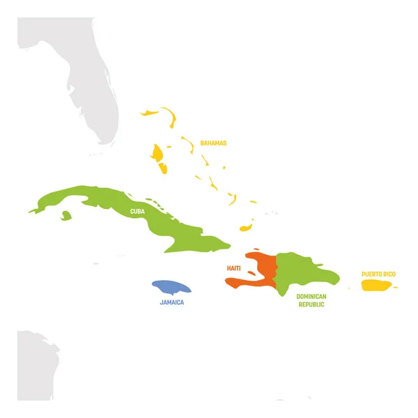 Región del Caribe. Mapa de países en el Mar Caribe en Centroamérica. Ilustración vectorial — Vector de stock